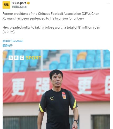 前中国足协主席陈戌源因受贿罪被判无期徒刑
